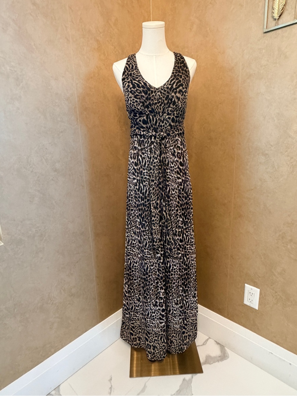 Ice Leopard-Print Sleeveless V-Neck Maxi Dress in Taupe and Black